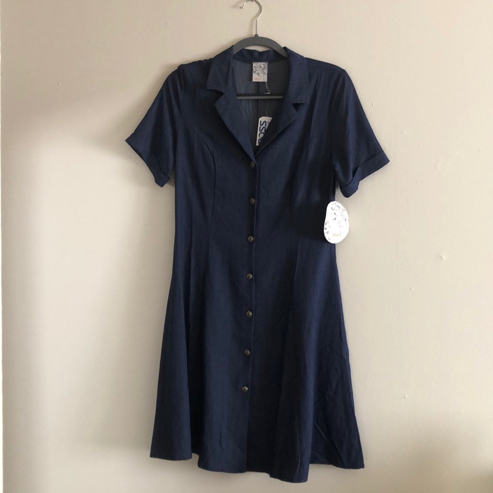 Blue button down shirt sleeve dress